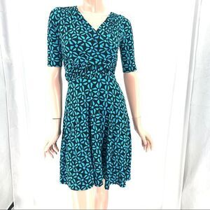 T.R. Designs Faux Wrap Green and Black Geo Print S/S Fit and Flair Dress